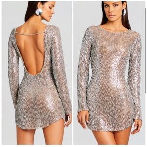 RETROFETE Malaya Sequin Mini Dress Long Sleeve Crystal Silver Tannin XS w/ Tags